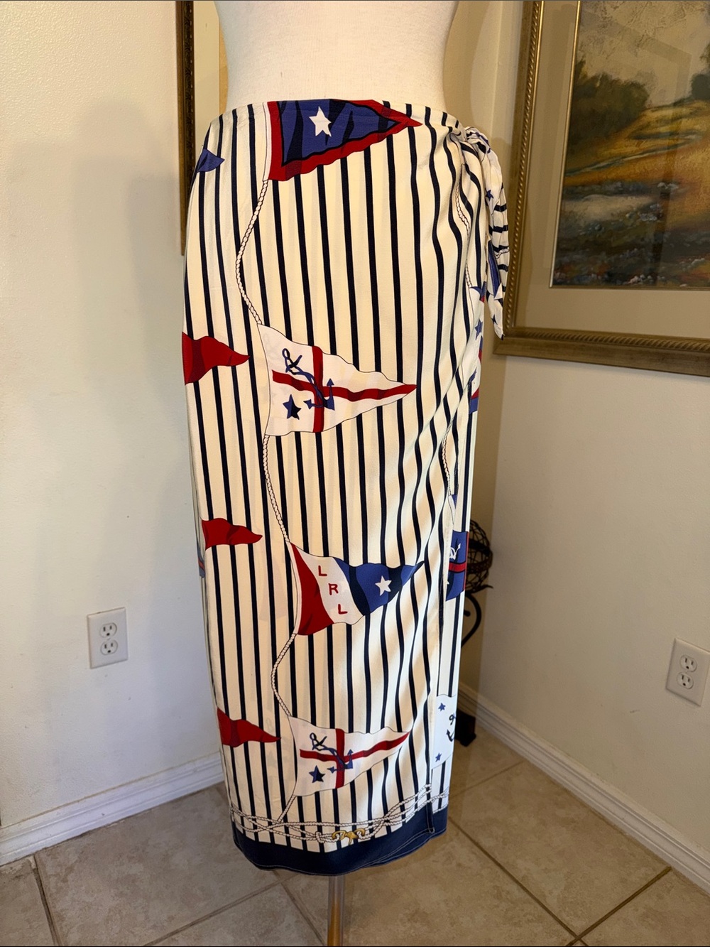 SILX Striped Nautical 100% Silk Skirt in White, Navy & Red Flags Size 8